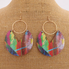 Load image into Gallery viewer, Pink, Green &amp; Blue, Wood &amp; Gold Tone Earrings
