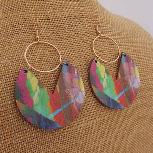 Pink, Green & Blue, Wood & Gold Tone Earrings