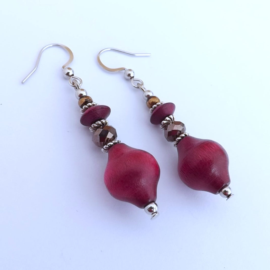 Pink & Grey Handmade Wood Bead Earrings