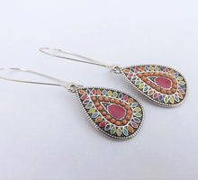 Load image into Gallery viewer, Pink, Orange &amp; Silver Tone Teardrop Dotted Earrings on Long Kidney Hooks
