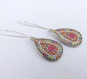 Pink, Orange & Silver Tone Teardrop Dotted Earrings on Long Kidney Hooks