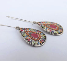 Load image into Gallery viewer, Pink, Orange &amp; Silver Tone Teardrop Dotted Earrings on Long Kidney Hooks
