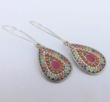 Load image into Gallery viewer, Pink, Orange &amp; Silver Tone Teardrop Dotted Earrings on Long Kidney Hooks
