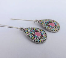 Load image into Gallery viewer, Pink, Pastels &amp; Silver Tone Teardrop Dotted Earrings on Long Kidney Hooks
