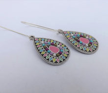 Load image into Gallery viewer, Pink, Pastels &amp; Silver Tone Teardrop Dotted Earrings on Long Kidney Hooks
