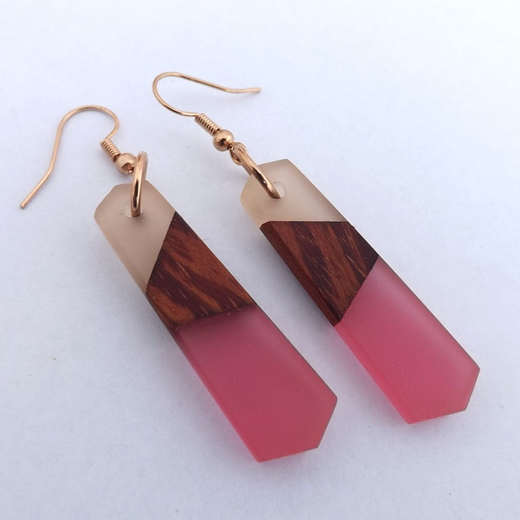 Pink & Peach Resin & Wood Triangular Drop Earrings