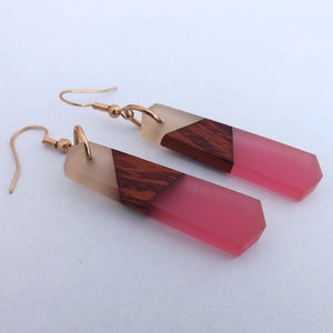 Pink & Peach Resin & Wood Triangular Drop Earrings