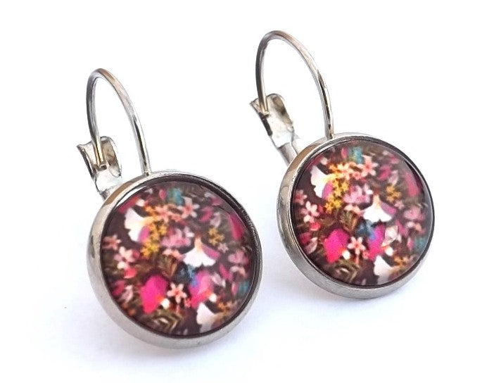 Pink & Purple Floral Dome Earrings on Lever back hooks