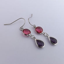 Load image into Gallery viewer, Pink &amp; Purple, Silver Tone Drop Earrings
