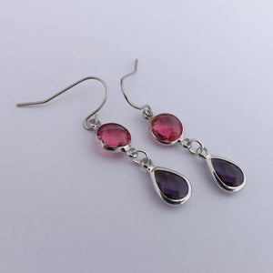 Pink & Purple, Silver Tone Drop Earrings