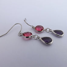 Load image into Gallery viewer, Pink &amp; Purple, Silver Tone Drop Earrings
