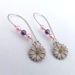 Pink & Purple Daisy Handmade Bead & Charm Drop Earrings on Long Kidney Hooks