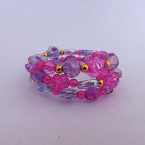 Pink, Purple & Gold Small Handmade Memory wire Bead Bracelet