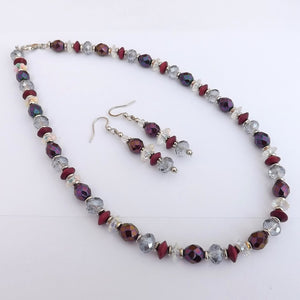 Pink, Purple, Grey & Clear Faceted Glass Bead Necklace & Earrings Set