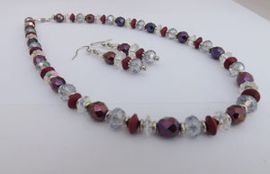 Pink, Purple, Grey & Clear Faceted Glass Bead Necklace & Earrings Set