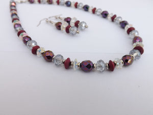 Pink, Purple, Grey & Clear Faceted Glass Bead Necklace & Earrings Set