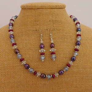 Pink, Purple, Grey & Clear Faceted Glass Bead Necklace & Earrings Set