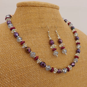 Pink, Purple, Grey & Clear Faceted Glass Bead Necklace & Earrings Set