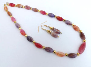 Pink, Purple, Red & Gold Faux Gemstone Bead Necklace & Earring Set