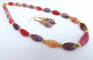 Pink, Purple, Red & Gold Faux Gemstone Bead Necklace & Earring Set