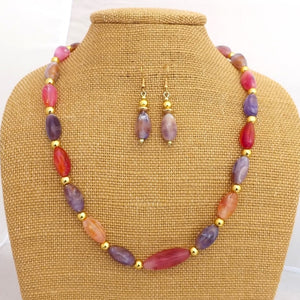 Pink, Purple, Red & Gold Faux Gemstone Bead Necklace & Earring Set