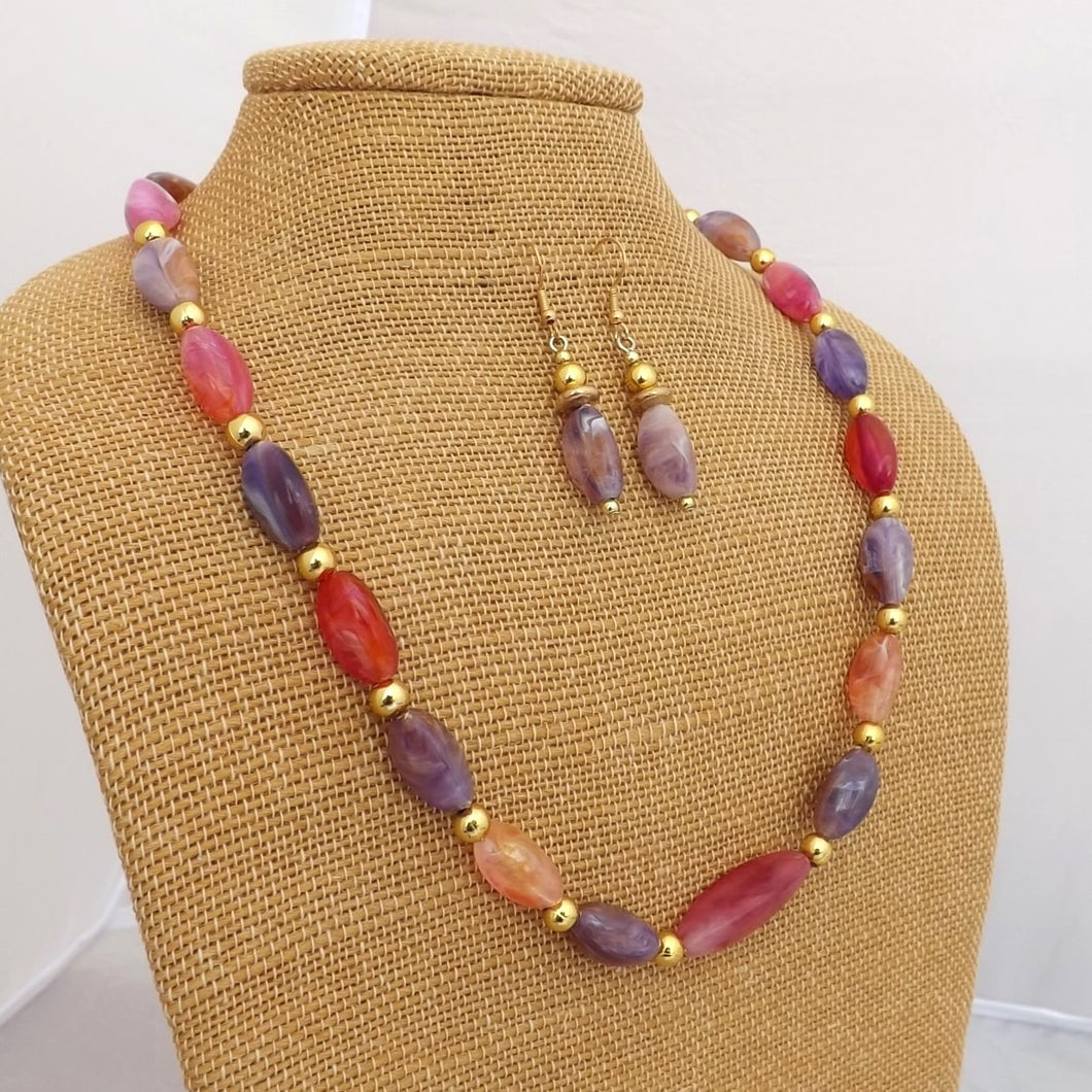 Pink, Purple, Red & Gold Faux Gemstone Bead Necklace & Earring Set