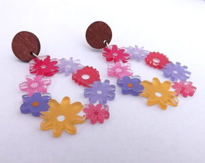 Clear Floral Drop Earrings with Wood Stud Setting (3 options))