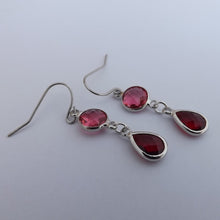 Load image into Gallery viewer, Pink &amp; Red, Silver Tone Drop Earrings
