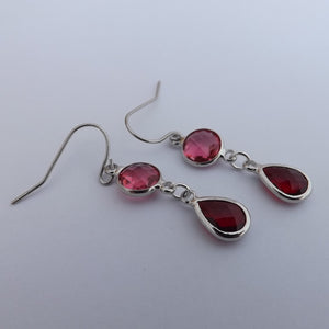 Pink & Red, Silver Tone Drop Earrings