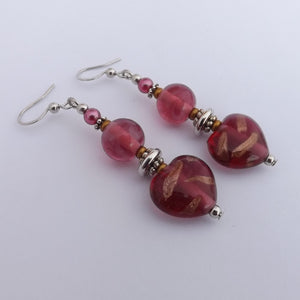 Pink & Rose Gold Handmade Glass Heart Bead Earrings