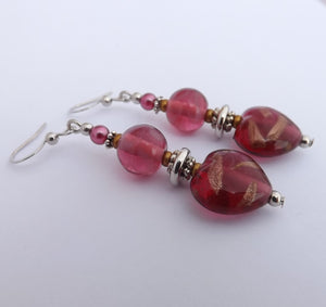 Pink & Rose Gold Handmade Glass Heart Bead Earrings