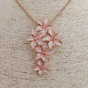 Pink & Rose Gold Tone Flower Cluster Pendant Necklace