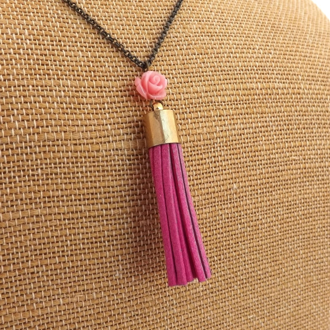 Pink Rose & Tassel Pendant Necklace on long Chain