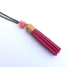 Load image into Gallery viewer, Pink Rose &amp; Tassel Pendant Necklace on long Chain
