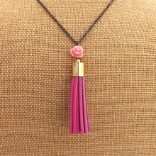 Load image into Gallery viewer, Pink Rose &amp; Tassel Pendant Necklace on long Chain
