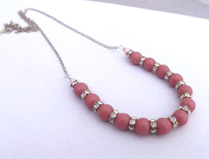 Pink & Silver Bead Necklace on Long Chain