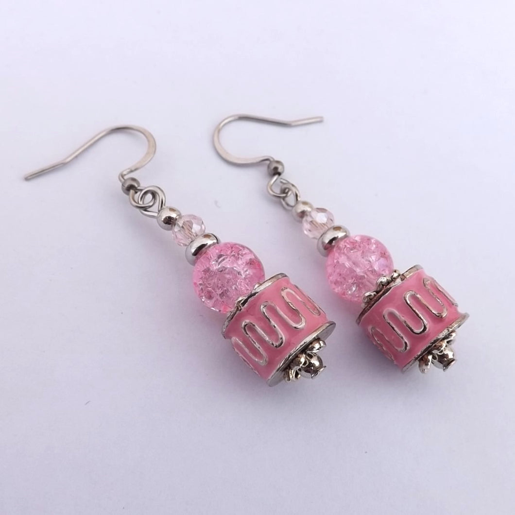 Pink & Silver Tone Metal Handmade Bead Earrings