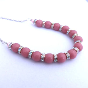 Pink & Silver Bead Necklace on Long Chain