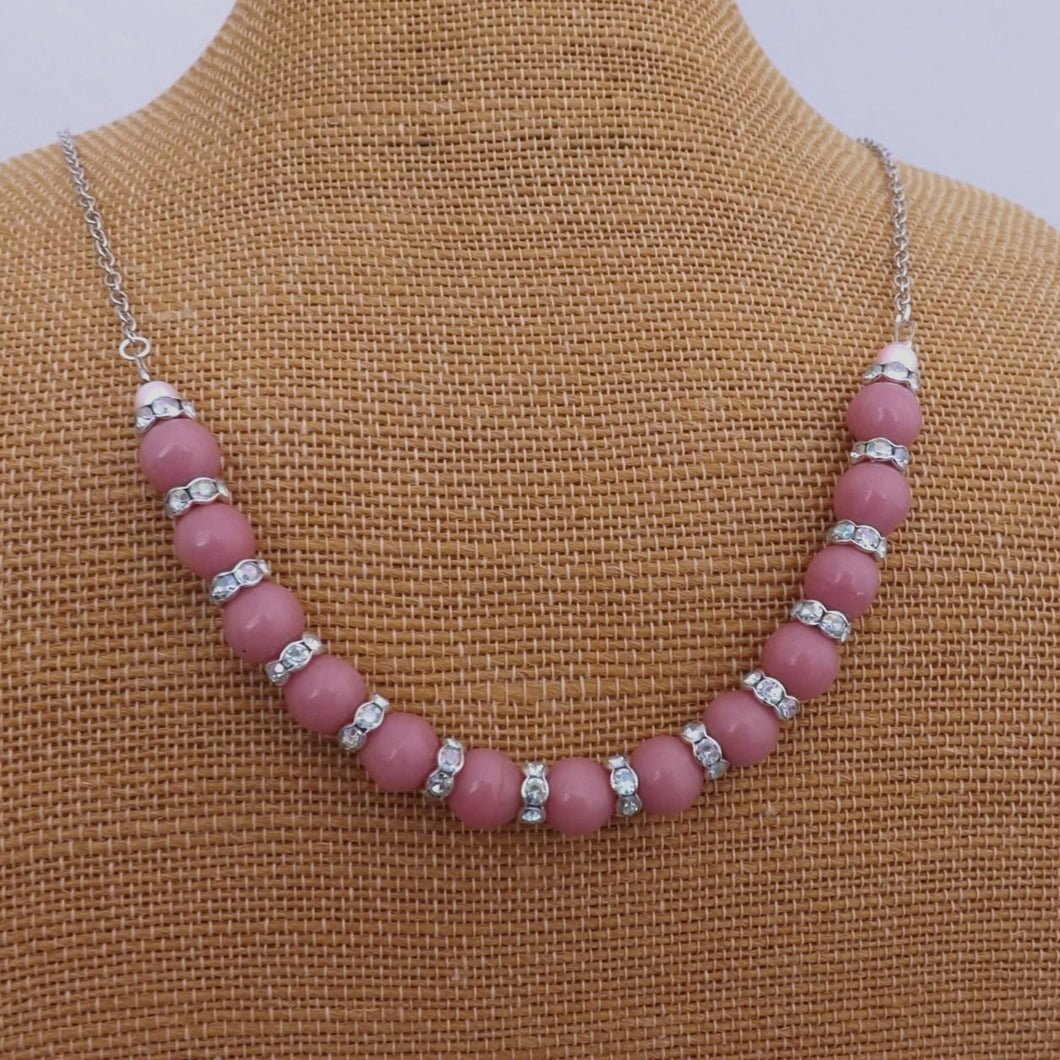 Pink & Silver Bead Necklace on Long Chain