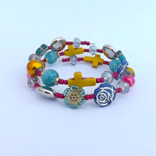 Load image into Gallery viewer, Pink, Teal, Yellow &amp; Blue Handmade Memory Wire Bead Bracelet
