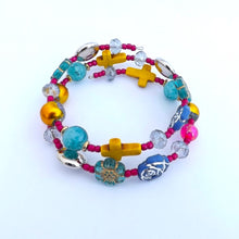 Load image into Gallery viewer, Pink, Teal, Yellow &amp; Blue Handmade Memory Wire Bead Bracelet
