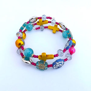 Pink, Teal, Yellow & Blue Handmade Memory Wire Bead Bracelet