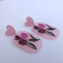 Load image into Gallery viewer, Pink Tulips &amp; Hearts Acrylic Drop Earrings
