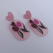 Load image into Gallery viewer, Pink Tulips &amp; Hearts Acrylic Drop Earrings
