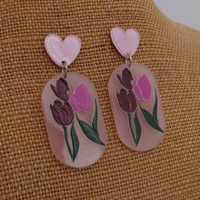 Load image into Gallery viewer, Pink Tulips &amp; Hearts Acrylic Drop Earrings
