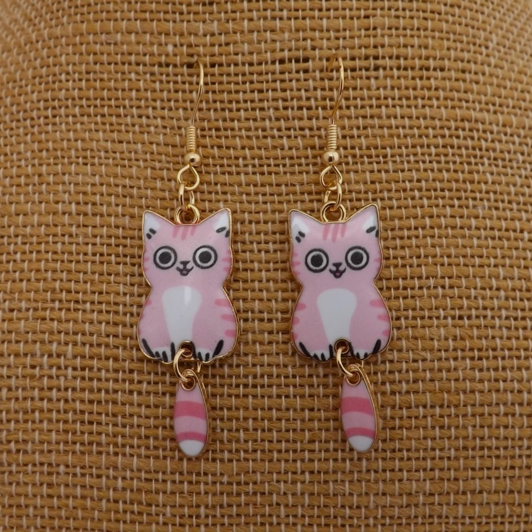 Pink & White Cat Drop Earrings