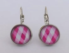 Load image into Gallery viewer, Pink &amp; White Checkered Dome Earrings on Lever Back Hooks
