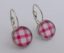 Load image into Gallery viewer, Pink &amp; White Checkered Dome Earrings on Lever Back Hooks
