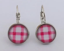 Load image into Gallery viewer, Pink &amp; White Checkered Dome Earrings on Lever Back Hooks
