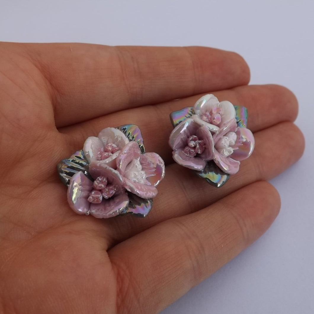 Pink & White Floral Cluster Stud Earrings